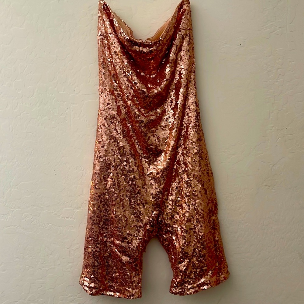 Pink sequined strapless jumper. Fashion Nova!